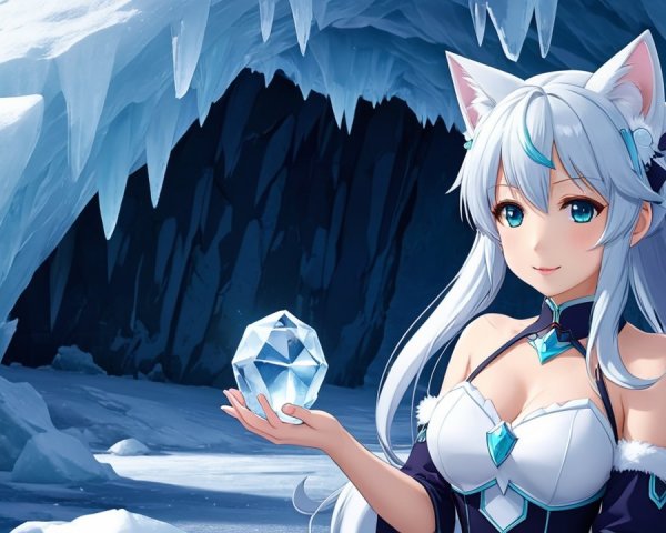 Character in Frosty Cave with Ice Crystal and Fox Ears