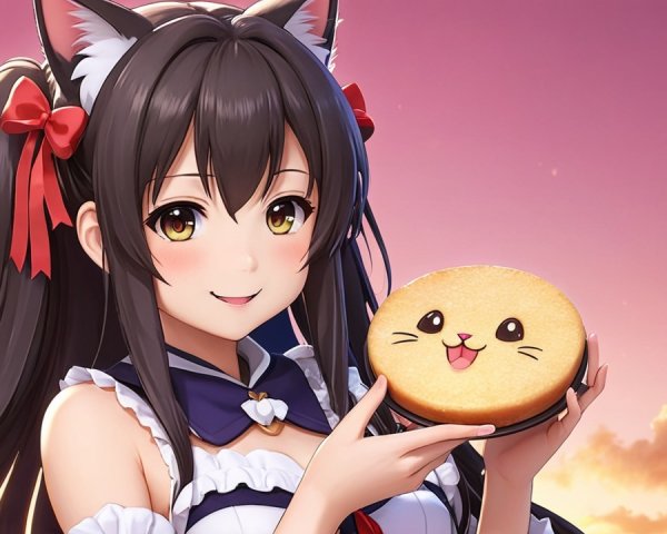 Cheerful girl with cat ears holding a cat-themed cake