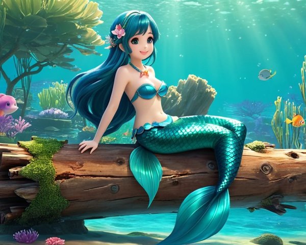 Vibrant Underwater Scene with Whimsical Mermaid