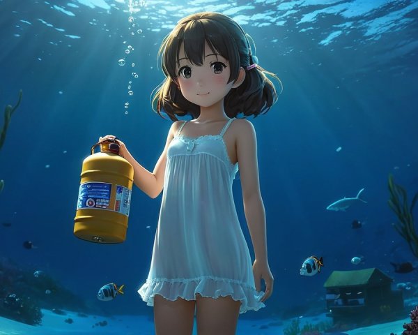 Young girl underwater with marine life and sunlight