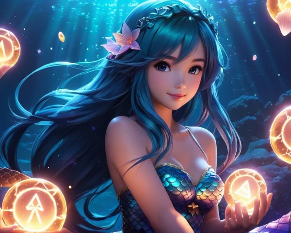 Underwater Scene with Mermaid and Glowing Orbs