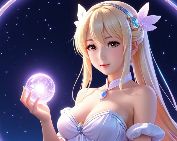 Young woman in white outfit against starry night sky