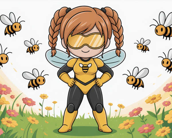 Kawaii Bee Superhero Woman with Cartoon Bees