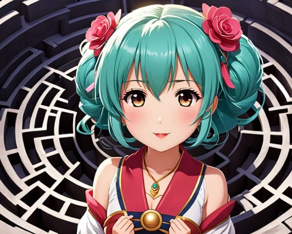 Young girl with turquoise hair in a labyrinth setting
