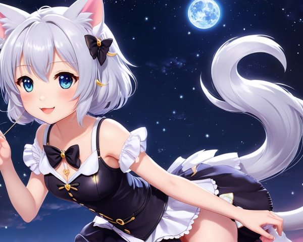 Anime Character with Cat Features Under Starry Sky