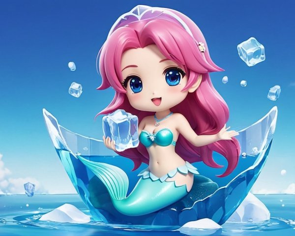 Chibi-style mermaid with pink hair on ice shard