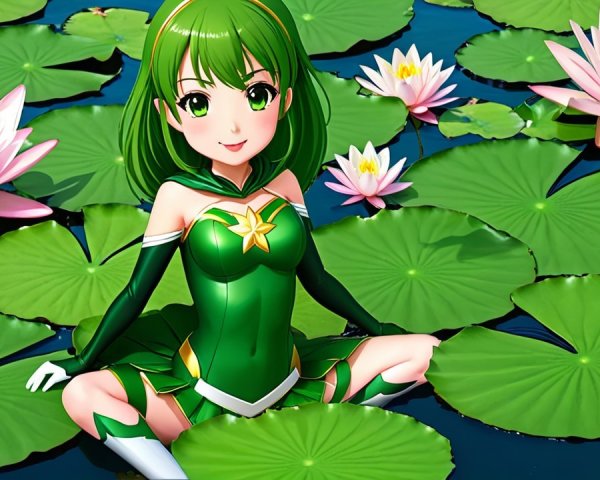 Cheerful Character on Lily Pads in Tranquil Pond