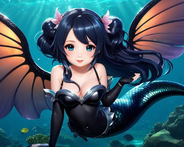 Mermaid with Colorful Wings in Vibrant Underwater Scene