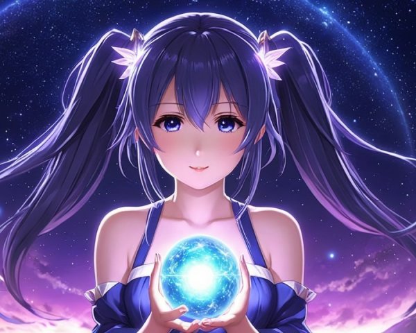Anime girl with glowing orb in cosmic backdrop