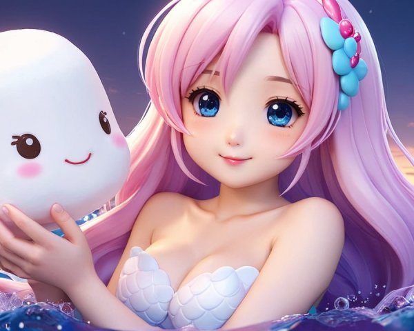 Animated girl with pastel pink hair in ocean scene