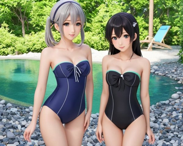 Animated Characters in Stylish Swimsuits by Pool