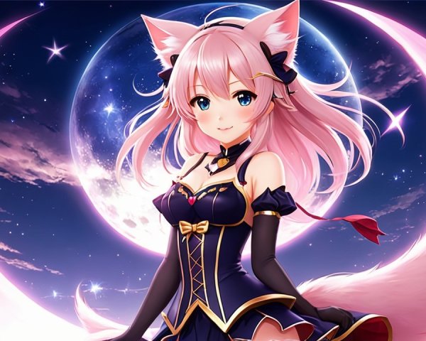 Anime Character with Pink Hair and Fox Ears in Night Sky