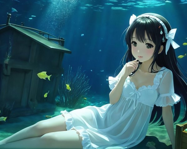 Underwater Scene with Woman, Coral, and Sunken Structure