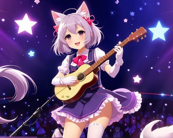 Anime-style character with cat ears performing on stage