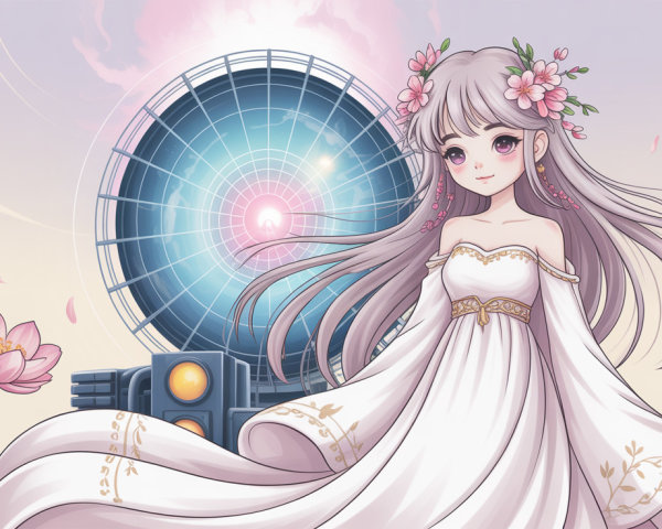 Young Woman in Elegant Dress with Cherry Blossoms