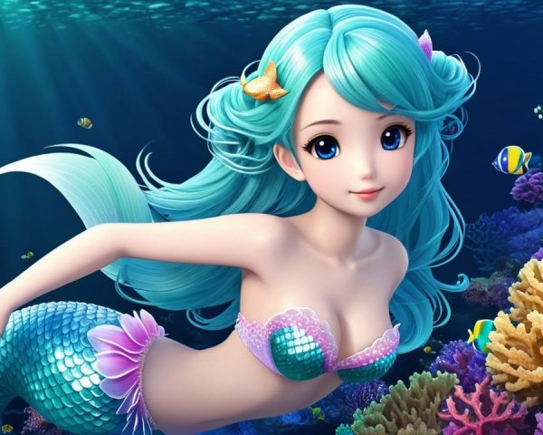 Vibrant Underwater Scene with Whimsical Mermaid