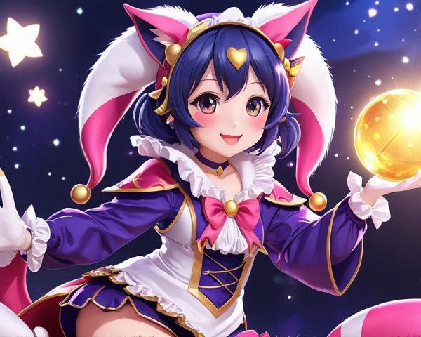 Whimsical Cat-like Character in Jester Outfit Under Stars