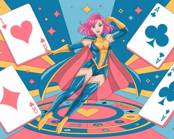 Anime-style female superhero with pink hair and cards