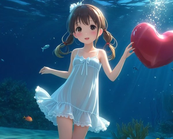 Cheerful girl underwater with colorful fish and heart