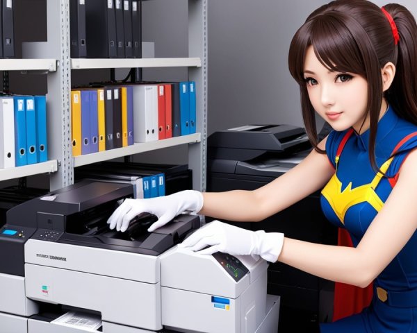 Young Woman in Colorful Superhero Costume at Office Printer