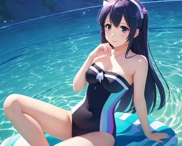 Young Woman on Float in Blue Pool with Greenery