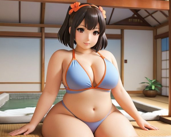 Character in Bikini in Japanese-Style Room with Hot Spring