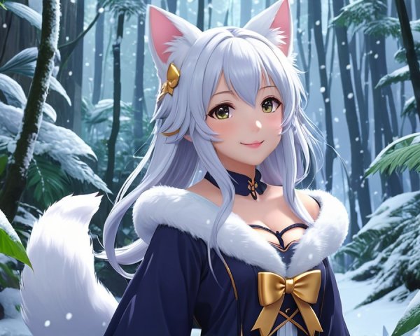 Anime girl in snowy forest with cat ears and tail