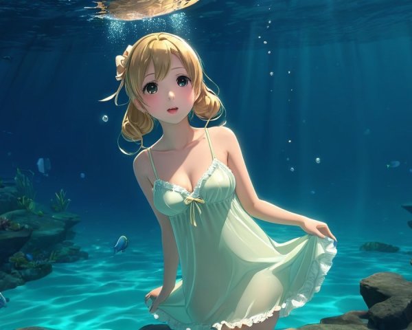 Underwater Scene with Young Woman and Aquatic Life