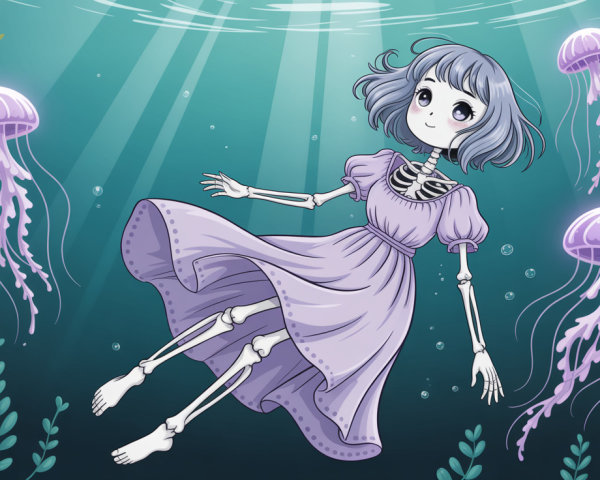 Anime-style skeleton girl underwater with jellyfish