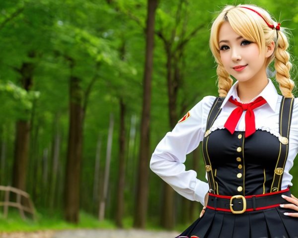 Young Woman in Anime Outfit in Lush Green Forest