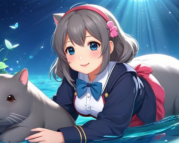 Cheerful girl with gray hair and cat-like creature in water