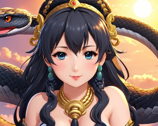 Fantastical Woman with Black Hair and Serpent Headpiece