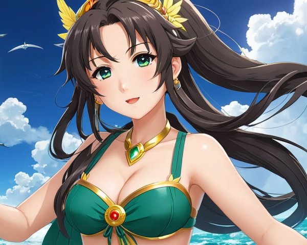 Anime-style illustration of a woman in a green bikini