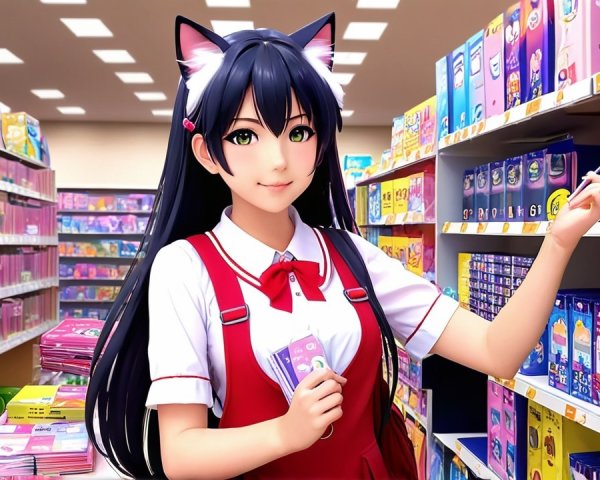 Cheerful Anime Girl in Colorful Stationery Store