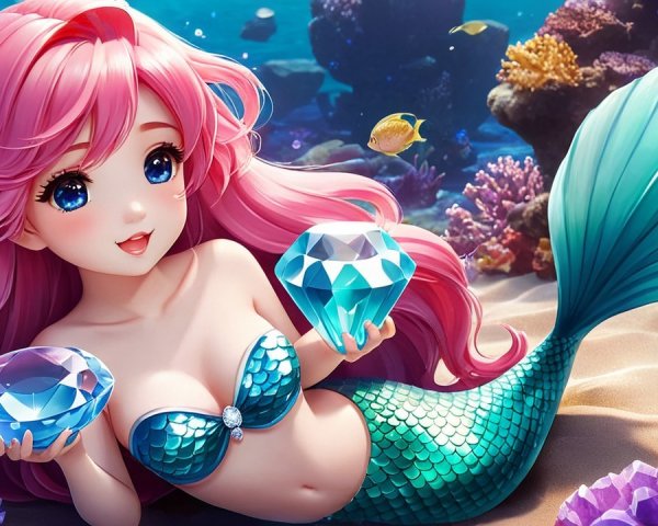 Whimsical Underwater Scene with Cheerful Mermaid