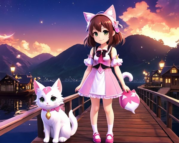 Cheerful Girl with Cat Ears on Twilight Pier