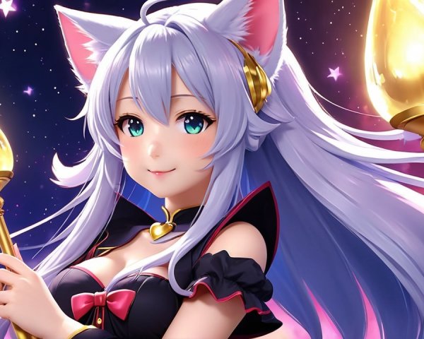 Fantasy Character with Cat Features and Starry Background