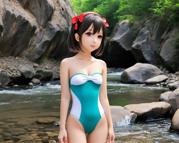 Young girl in turquoise swimsuit by serene river