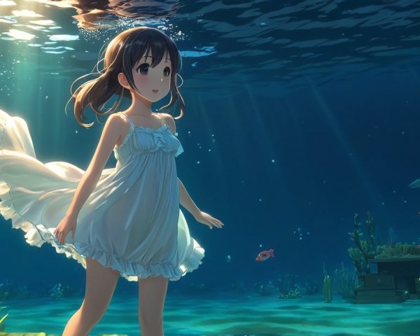 Underwater Scene of a Girl in a White Dress