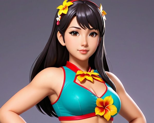 Stylized Female Character with Floral Accents and Confidence