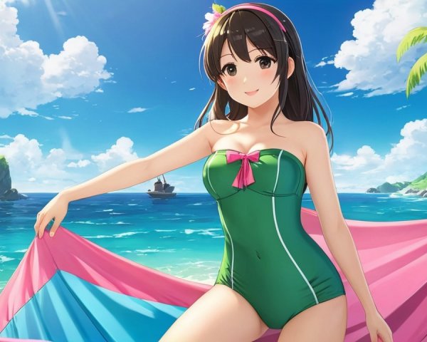 Vibrant Beach Scene with Woman in Green Swimsuit