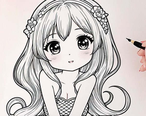 Black Pen Above Sketchbook with Anime Girl Drawing