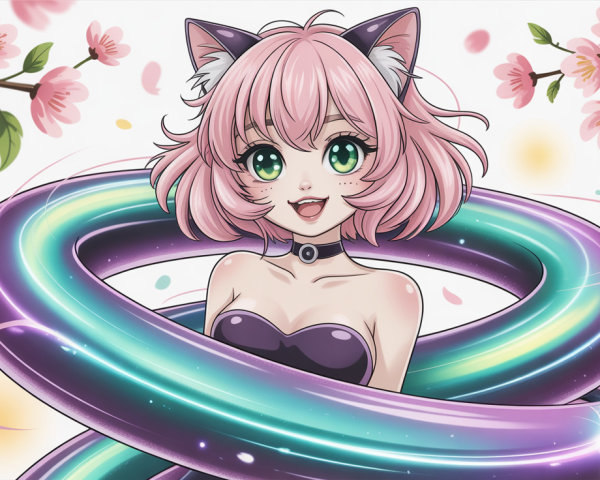 Anime Catgirl with Pink Hair and Cherry Blossoms