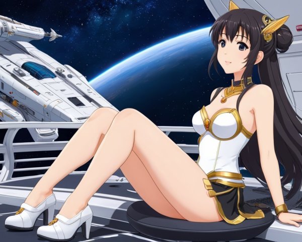 Anime Character on Spacecraft with Planet View