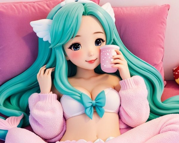 Anime Character on Pink Sofa with Cheerful Expression