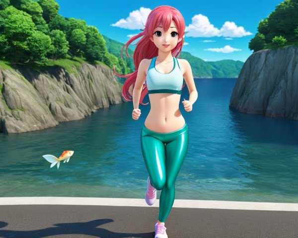 Animated Scene of Woman Jogging by Waterfront