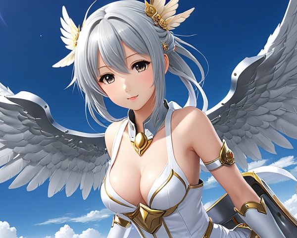 Character with Silver Hair and Angelic Wings in Sky