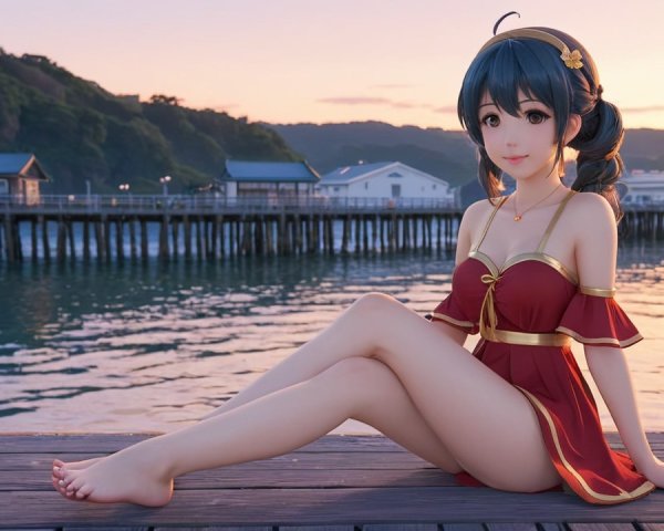 Anime Character on Wooden Pier at Sunset