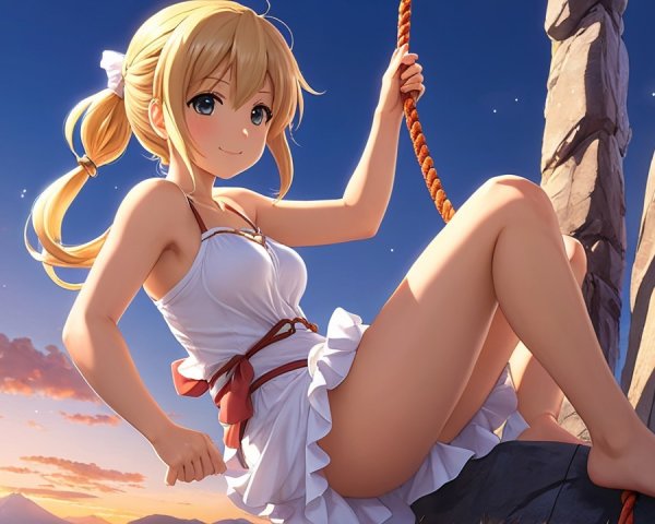 Young Woman Climbing Cliff at Vibrant Sunset
