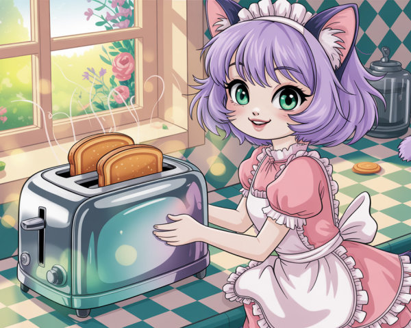 Anime girl in maid costume making toast in kitchen